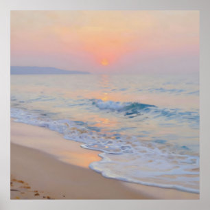 Serene Zonsondergang Strand Oceaan Gloed Poster