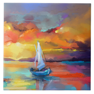 Serene Zonsondergang Zeilboot Kunst Tegeltje