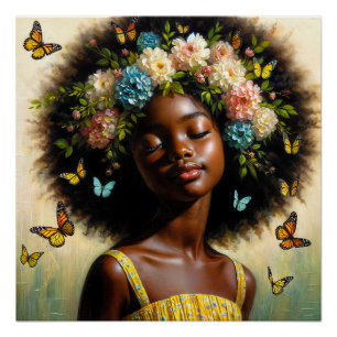 Serene zwarte meisje met afro en bloemkroon perfect poster