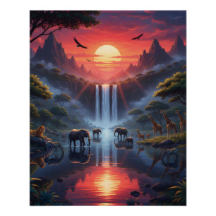 Serengeti Zonsondergang: Een Oase voor Wilde Diere Perfect Poster