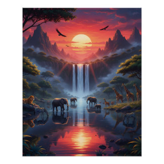 Serengeti Zonsondergang: Een Oase voor Wilde Diere Perfect Poster