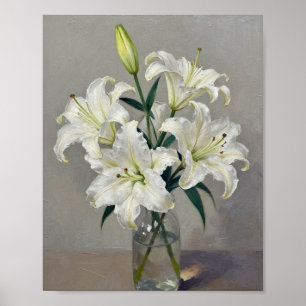 Sereniteit in bloei: Impasto witte lelies in glas Poster