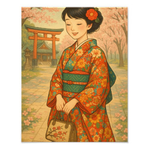 Sereniteit in Sakura: Japanse Kimono Beauty Foto Afdruk