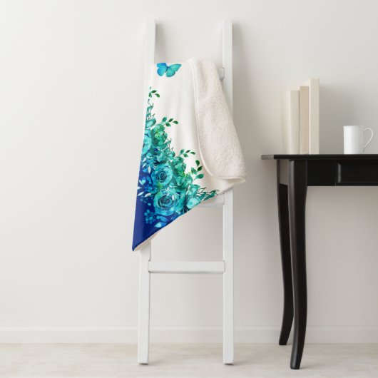 Serenity Blue Petal Sherpa Throw (In situ)