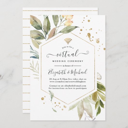 Serenity Greenery Geometric Online Virtual Wedding Kaart (Voorkant / Achterkant)