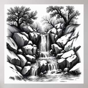 Serenity Herfsten: Waterval Charcoal Art Poster
