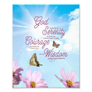 Serenity Prayer: Butterflies, roze bloemen, Streng Foto Afdruk