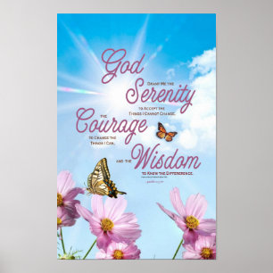 Serenity Prayer: Butterflies, roze bloemen, Streng Poster