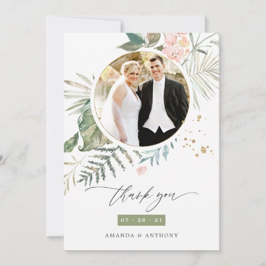 Serenity Waterverf Greenery Geometric Wedding Bedankkaart (Voorkant)