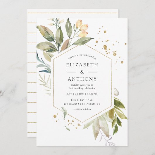 Serenity Waterverf Greenery Geometric Wedding Kaart (Voorkant / Achterkant)