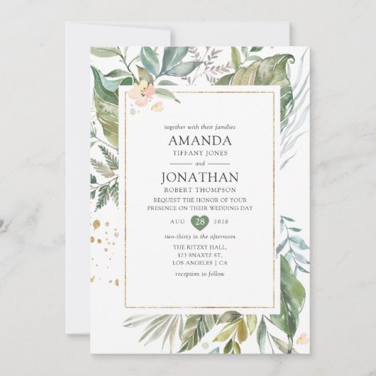 Serenity Waterverf Greenery Geometric Wedding Kaart (Voorkant)