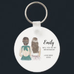 Serez-vous mon porte-clés de demoiselle d'honneur<br><div class="desc">Will You Be My Bridesmaid Proposition Keyring Simple et classique "Will you my bridesmaid ?" keyring mettant en vedette une mariée et une demoiselle d'honneur. Customisez le nom et le rôle à votre préférence. Consultez notre collection pour d'autres coiffures et robes.</div>