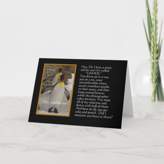 Serez-vous mon Usher ? Carte d'humour de pingouin (Devant)