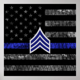 Sergeant Stripes Thin Blue Line Disted Flag Poster