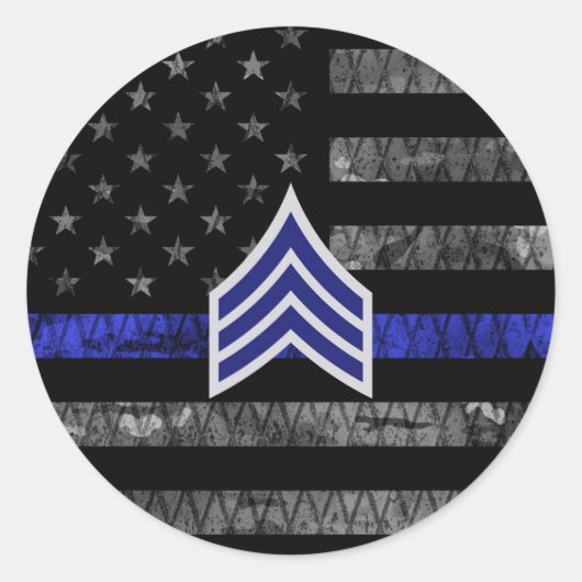 Sergeant Stripes Thin Blue Line Disted Flag Ronde Sticker (Voorkant)