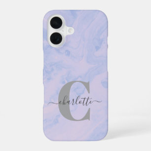 Sering Lila Marmer Elegante Monogram Naam iPhone 16 Hoesje