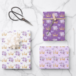 Seringpaarse Bloemen en Gouden Kronen Inpakpapier Vel