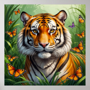 Serious Tiger met Vlinders in Oerwoud Poster