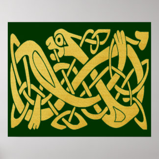 Serpent doré celtique sur affiche vert foncé
