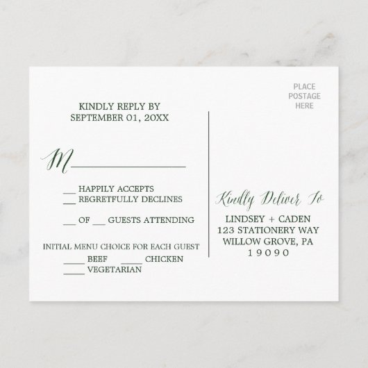 Serre rustique avec Feuilles verts Menu Choix RSVP (Dos)