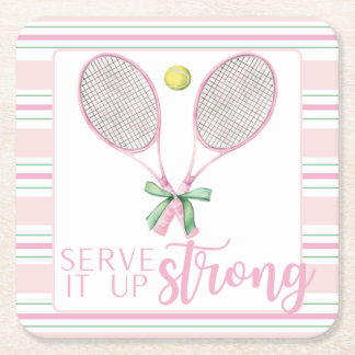 "Serve It Up Strong" Pink Tennis Racket  Vierkante Kartonnen Onderzetter