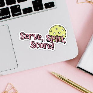 Serveer, draai, score! roze en geel Pickleball Sticker