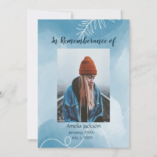 Service commémoratif Invitation Bleu Feuilles bota (Devant)