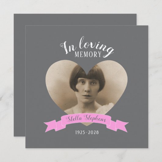 Service commémoratif photo ruban rose invitations  (Devant / Derrière)