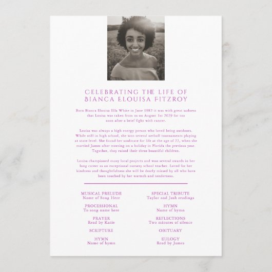 Service commémoratif violet rose programme funérai (Dos)