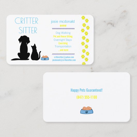 service de garde d'animaux carte de visite (Devant / Derrière)