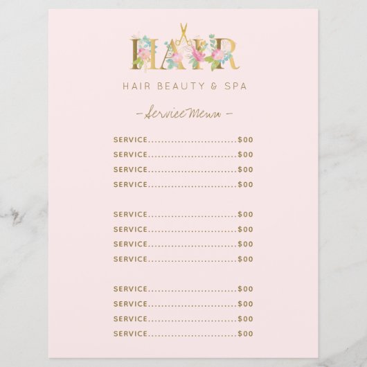 Service de salon de coiffure de luxe flyer menu ro (Devant)