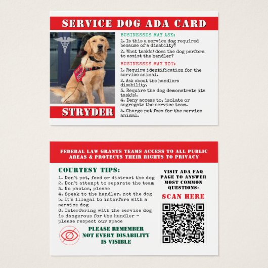 Service Dog ADA - Cartes de Droit Rouge - Carte d' (Devant & derrière)