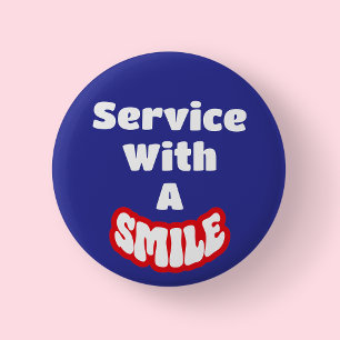 Service Met Een Glimlach Rood & Wit Tekst Blauw Ba Ronde Button 5,7 Cm
