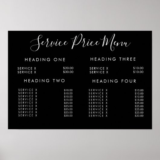 Service Price Menu Custom Make Printed Poster (Voorkant)