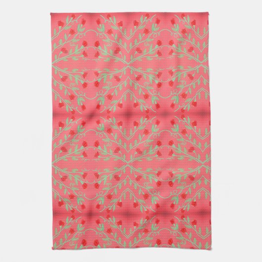 Serviette à fleurs rouge et rose et menthe verte (Vertical)