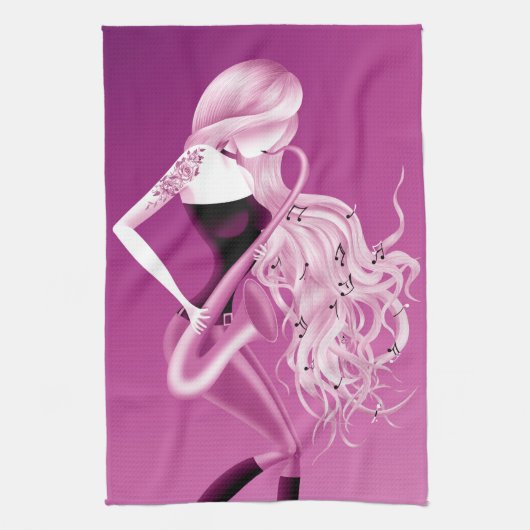 Serviette à thé rose Lady Saxophoniste (Vertical)