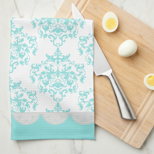 Serviette Chic Turquoise & Blanche Damask (Quart Plié)