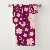 Serviette Cute Kawaii Chats et Fleurs Roses (En situation)
