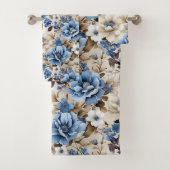 Serviette de bain aux fleurs dorées bleu marine lu (En situation)