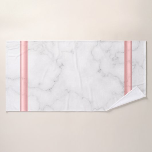 Serviette de bain blanc faux marbre rose rayures (Serviette de bain)
