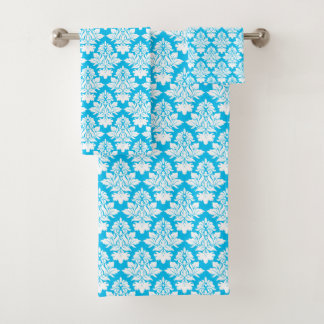 Serviette de bain bleu turquoise et blanc Damas