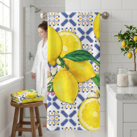 Serviette de bain Citrons à l'aquarelle et rayures