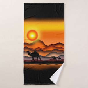 Serviette de bain de chameau coucher de soleil dés