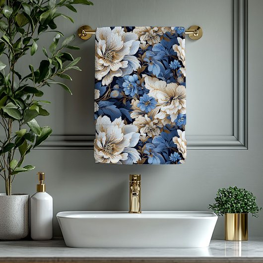 Serviette de bain élégante bleue et dorée à motif