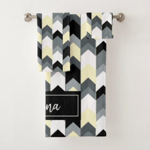 Serviette de bain en chevron noir, gris, jaune
