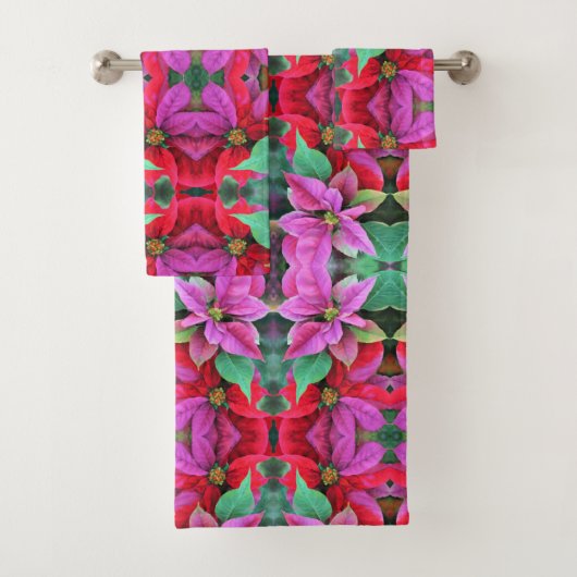 Serviette de bain ensemble rose et rouge Poinsetti (En situation)