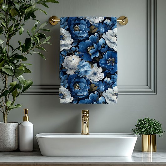 Serviette de bain fleurie classique bleu et blanc