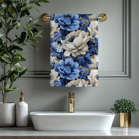Serviette de bain Fleurs d'Ivoire et Bleu Opulent