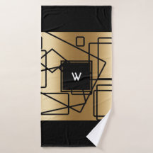 Serviette de bain géométrique monogramme or et noi