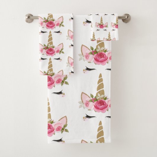 Serviette de bain licorne or rose floral mignonne  (En situation)